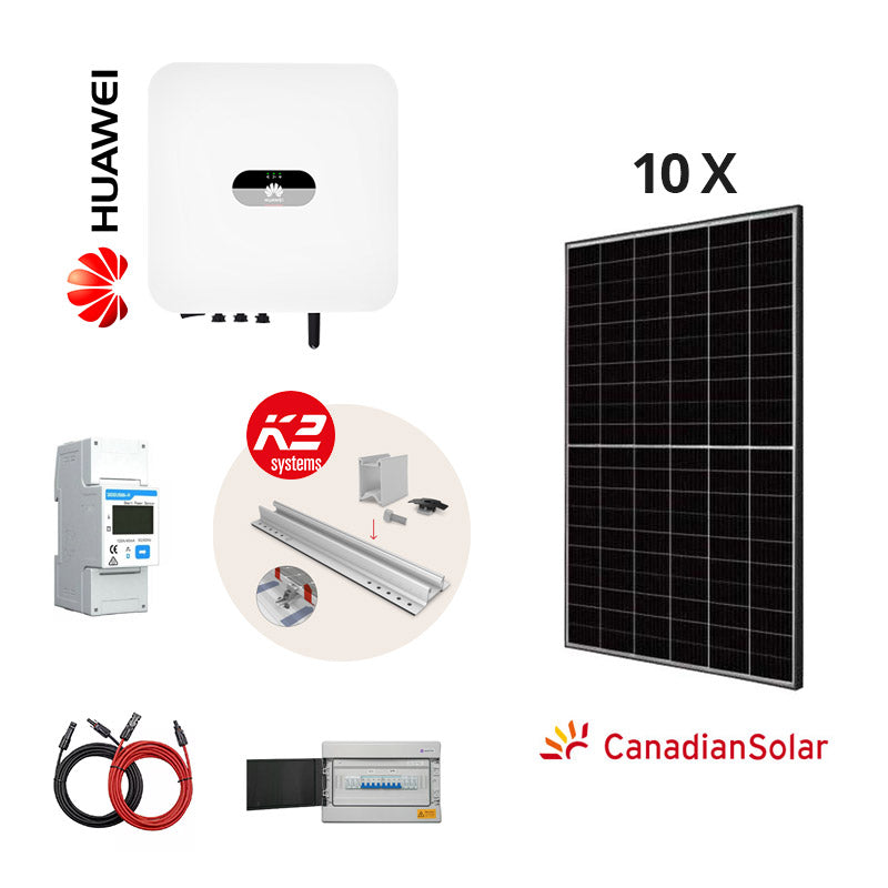 [FULL KIT 4 kW Huawei] Sistem fotovoltaic monofazat on-grid hibrid cu 10 panouri Canadian Solar 410 W