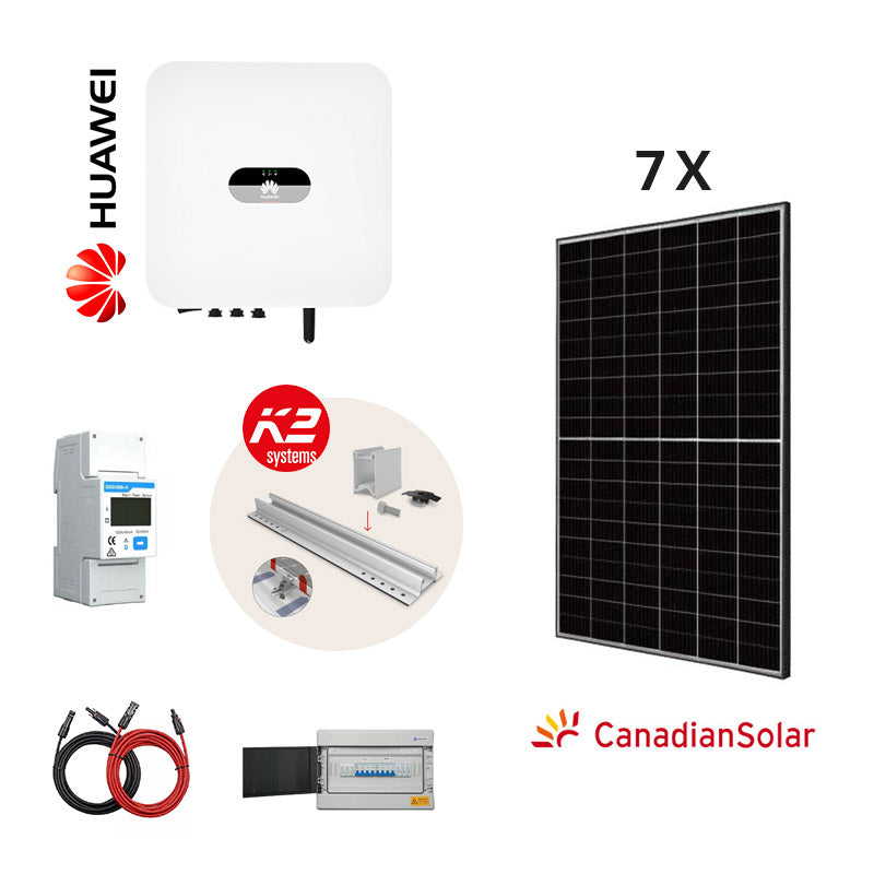 [FULL KIT 3 kW Huawei] Sistem fotovoltaic monofazat on-grid hibrid cu 7 panouri Canadian Solar 410 W